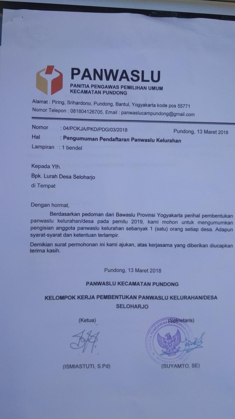 PENGUMUMAN PENDAFTARAN PANWASLU KELURAHAN SELOHARJO